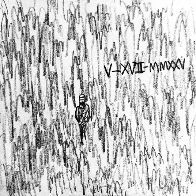 A large crowd of people, represented only by curves that form their silhouettes. A man stares blankly toward you from the middle.