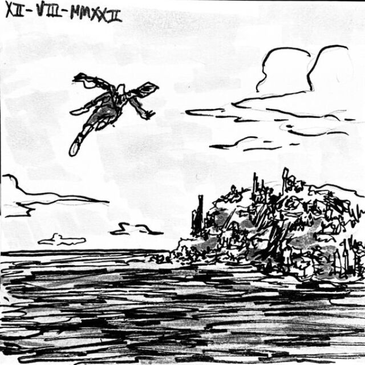 A person with a cape flies over an ocean surrounding an island covered with a variety of buildings and skyscrapers.