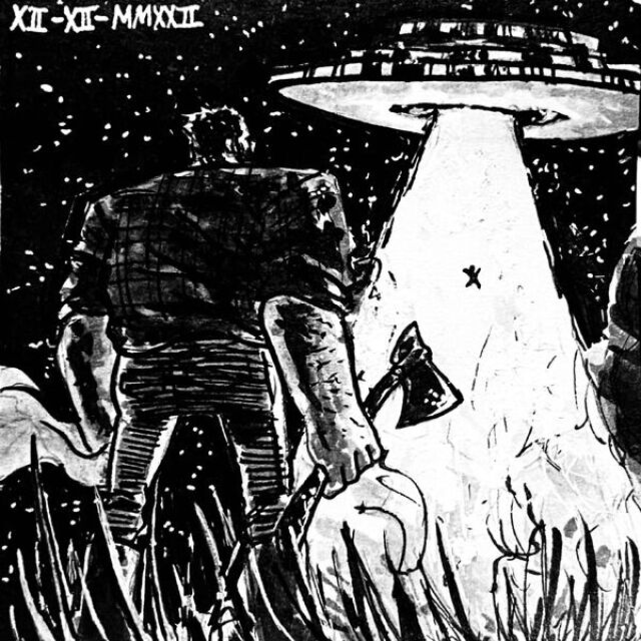 A tall, burly man holding an axe and a blanket watches as a small child is lifted by a beam toward the bottom of a flying UFO in the middle of the night.