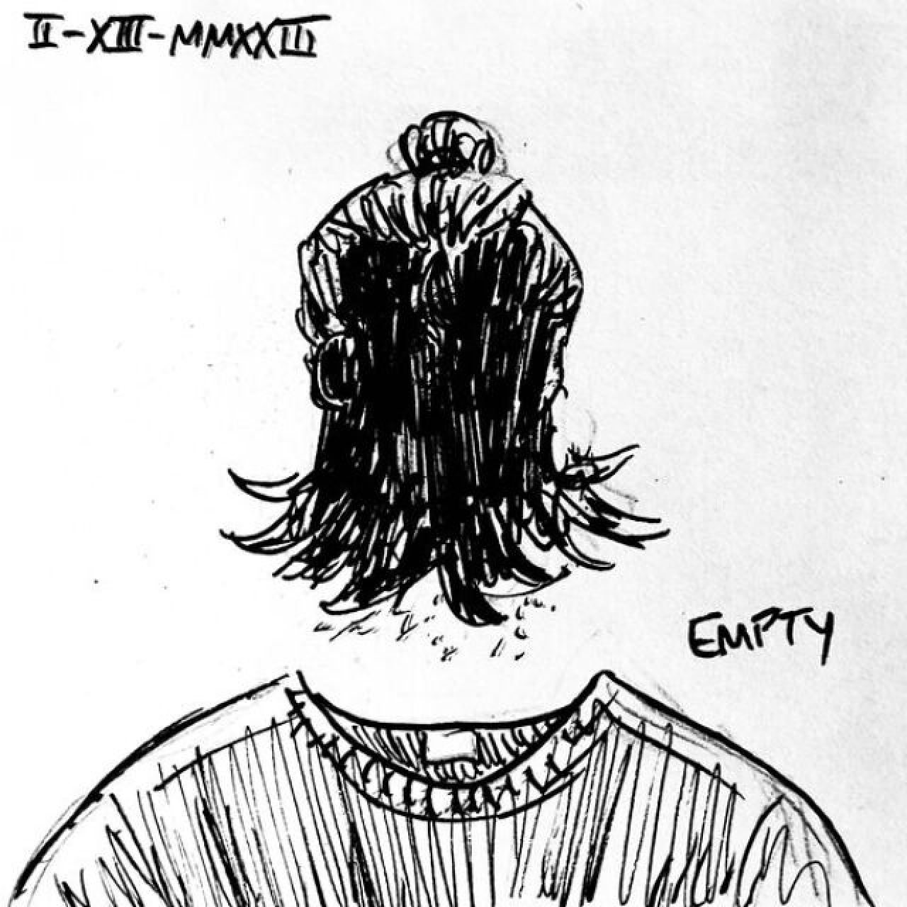 A head of hair, some stubble, and a t-shirt float without a body. A caption reads "Empty."