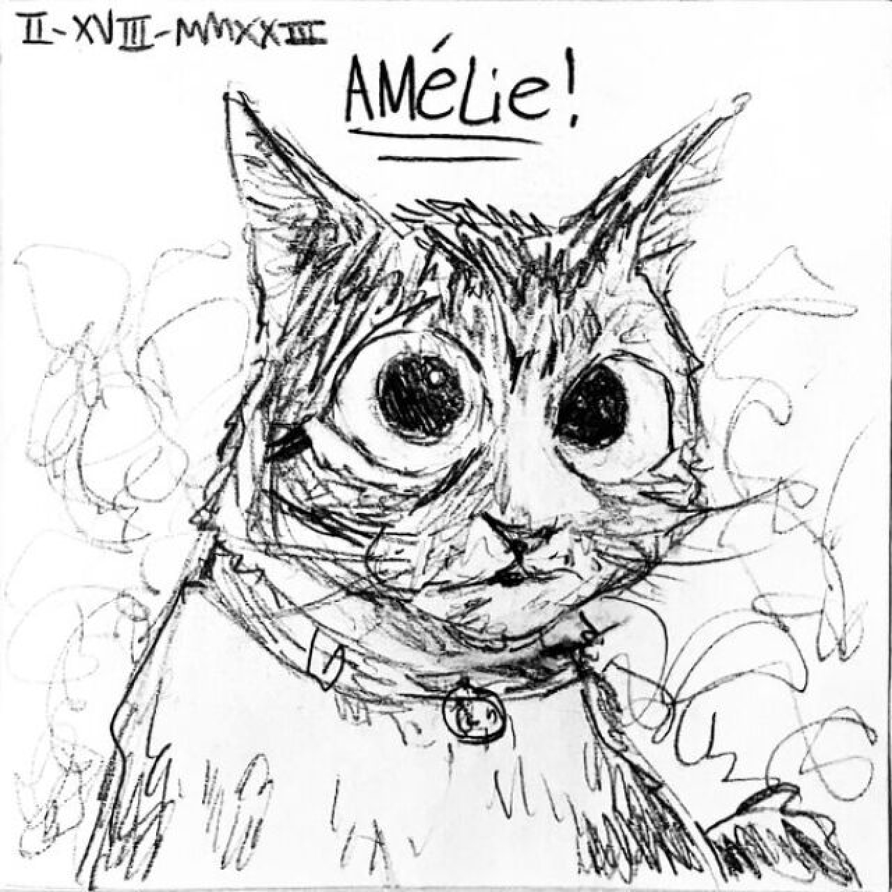 A calico cat with large eyes, a small collar with a bell, and hair of several patchy shades. Above her a caption reads "Am&eacute;lie!"