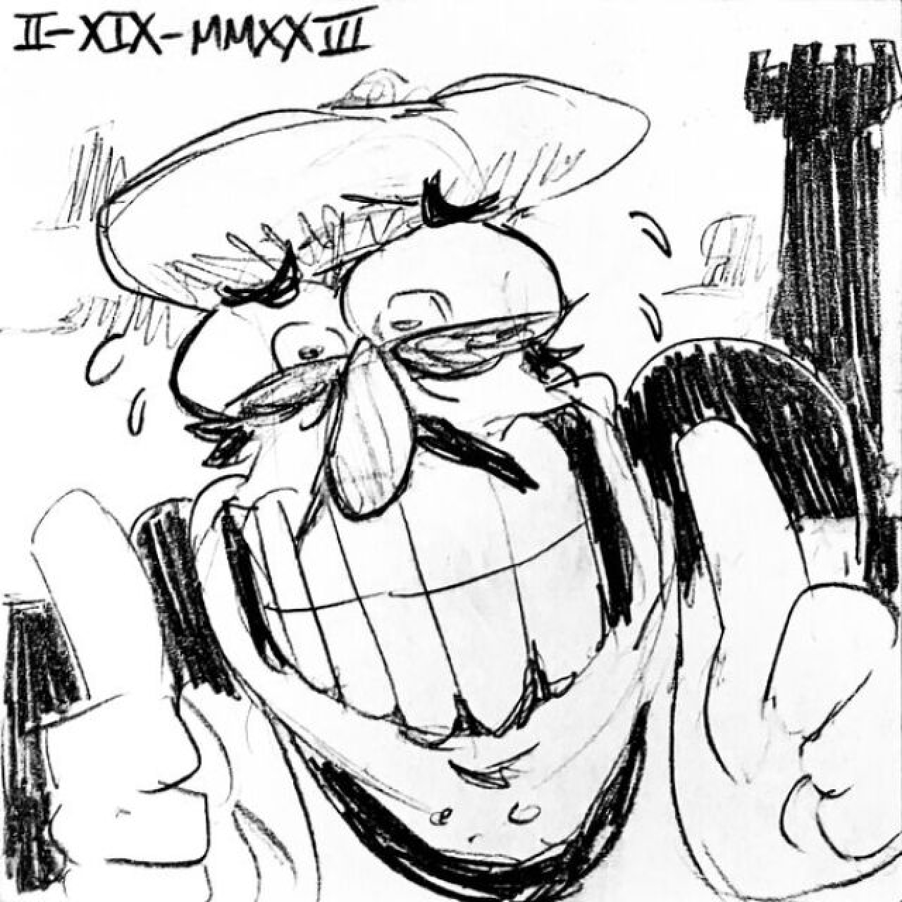 Peppino Spaghetti throws two thumbs up, grinning nervously as the Pizza Tower stands behind in the distance.