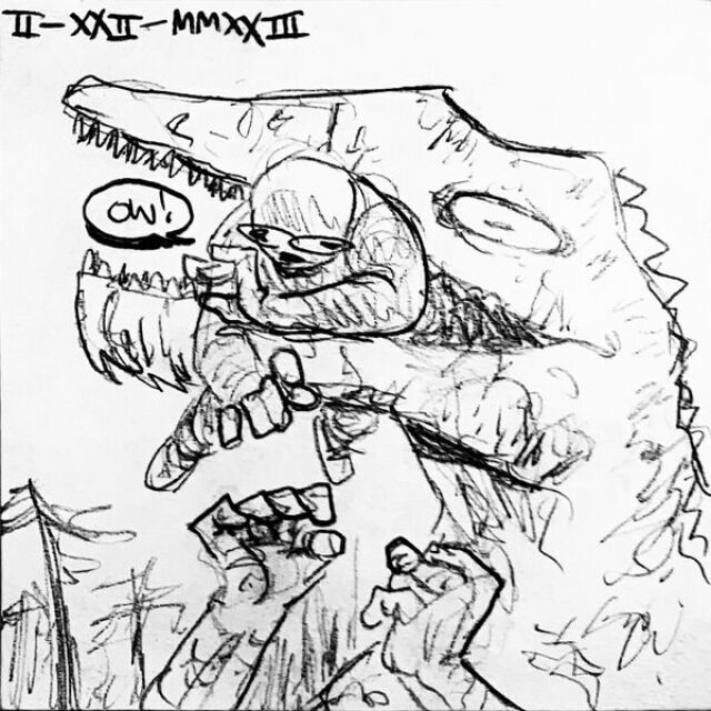 A giant dinosaur with two clenched humanoid hands holds a surprised human between its jaws as the person exclaims "Ow!"