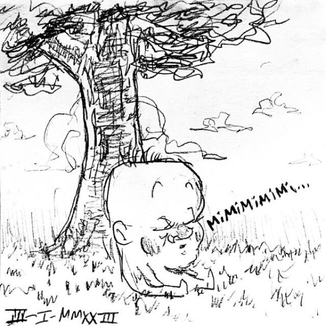 A baby-man with a large head, rosy cheeks, and small tufts of hair sleeps beneath a tree in the grass, going "mimimimimi."