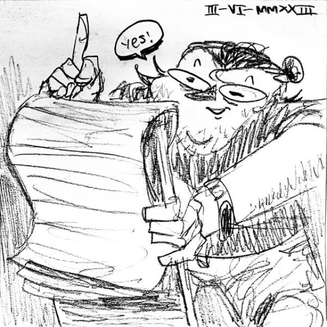 Jack holds a legal pad, points a finger in the air with a smile and says "Yes!"