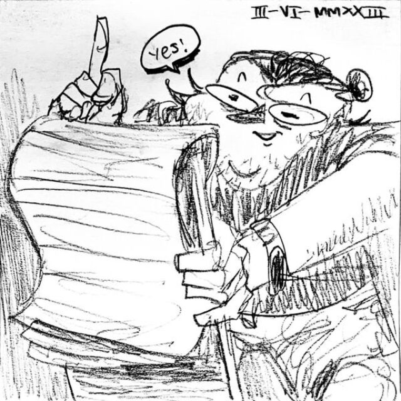 Jack holds a legal pad, points a finger in the air with a smile and says "Yes!"