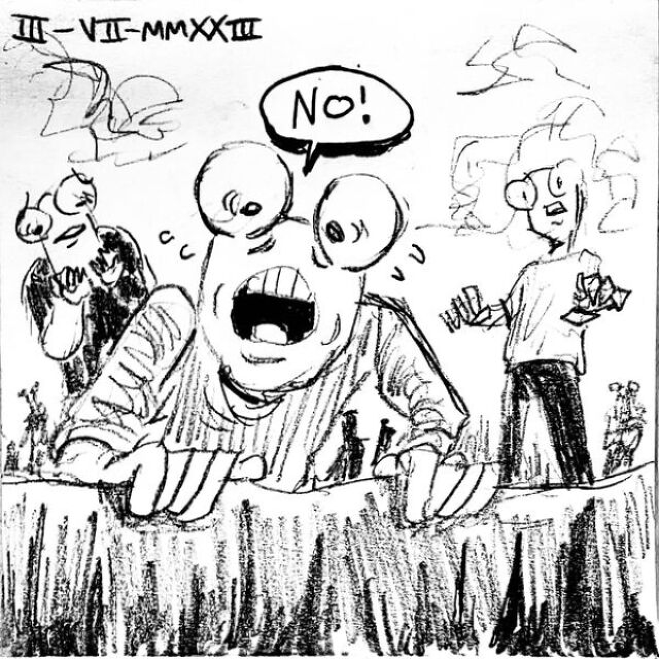 A young, scared person stares down a hole, gripping the ground, and screams "No!" as several other young, nervous people watch from behind.