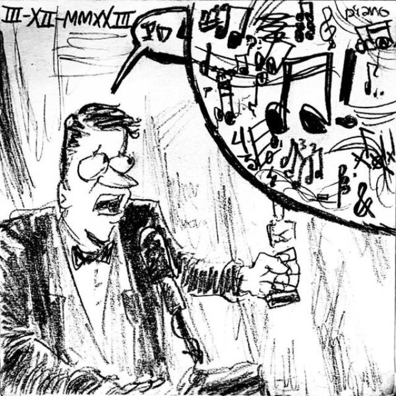 A man in a tuxedo speaks into a microphone at a podium with an award in his hand. As he tries to speak, music blasts loudly and randomly from the side.