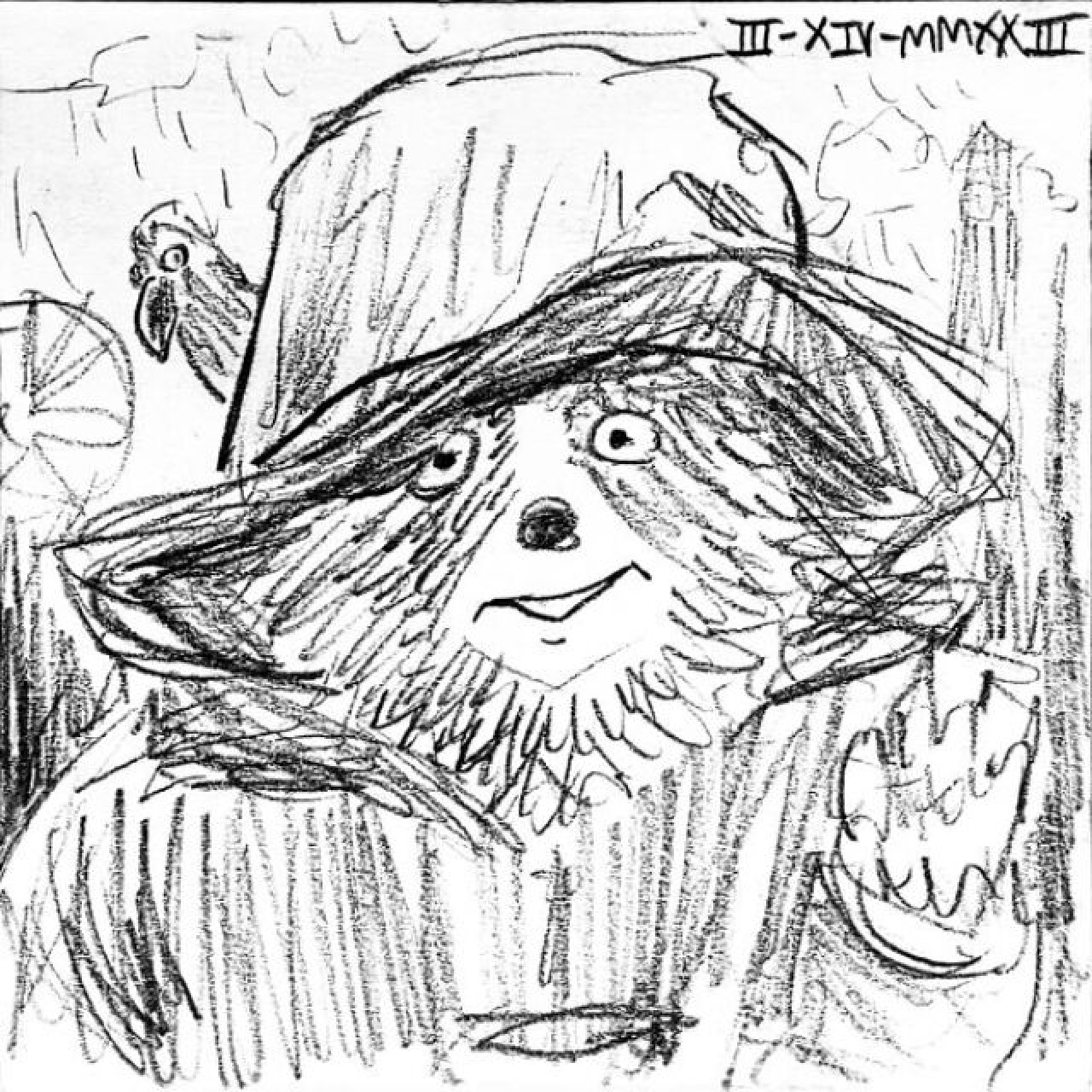 Paddington waves with a smile in front of a pigeon and a rainy London.