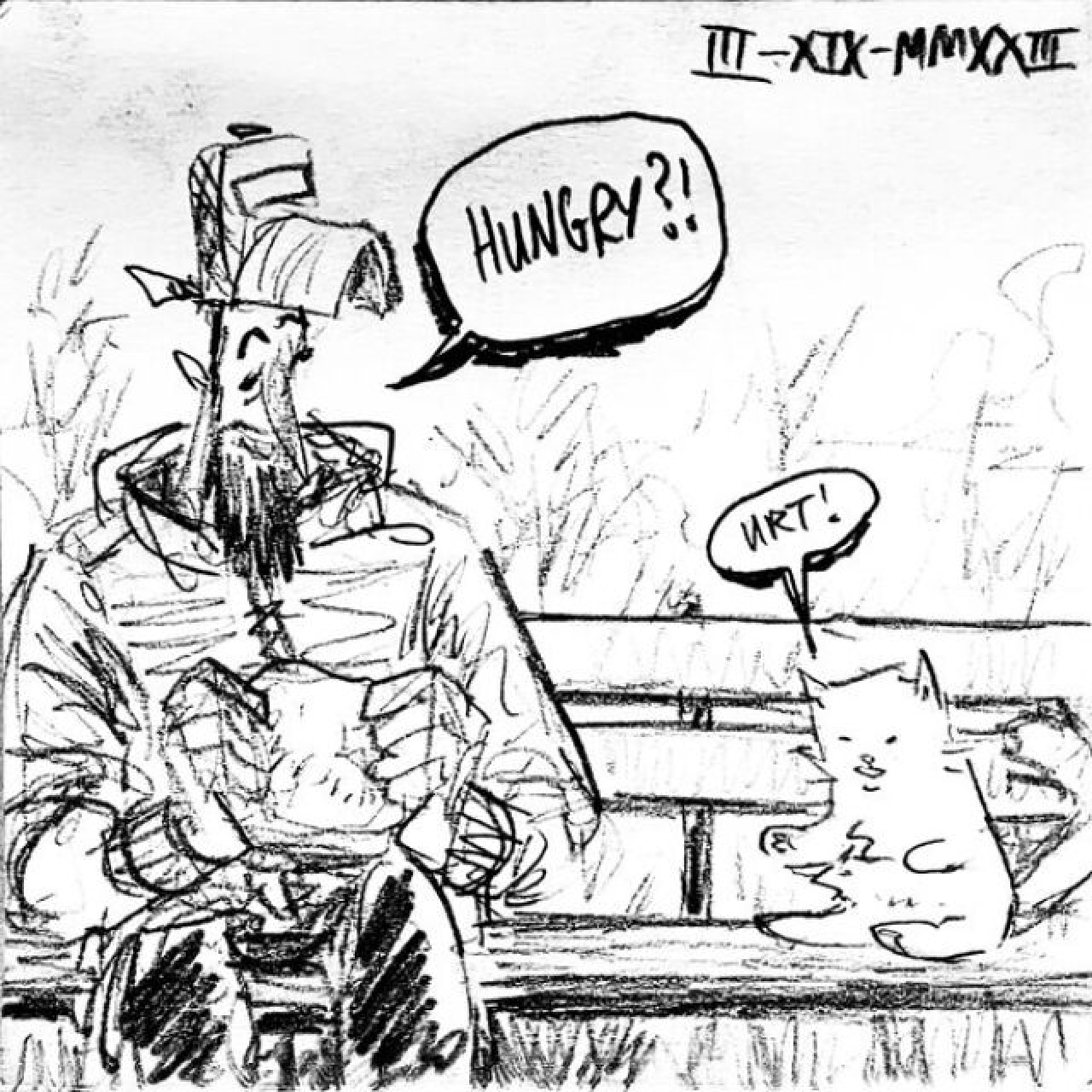 A bearded man with a cap sits on a bench, holding a burger, looking down to a white cat also sitting on the bench. He says "Hungry?" and the cat replies "Urt!"