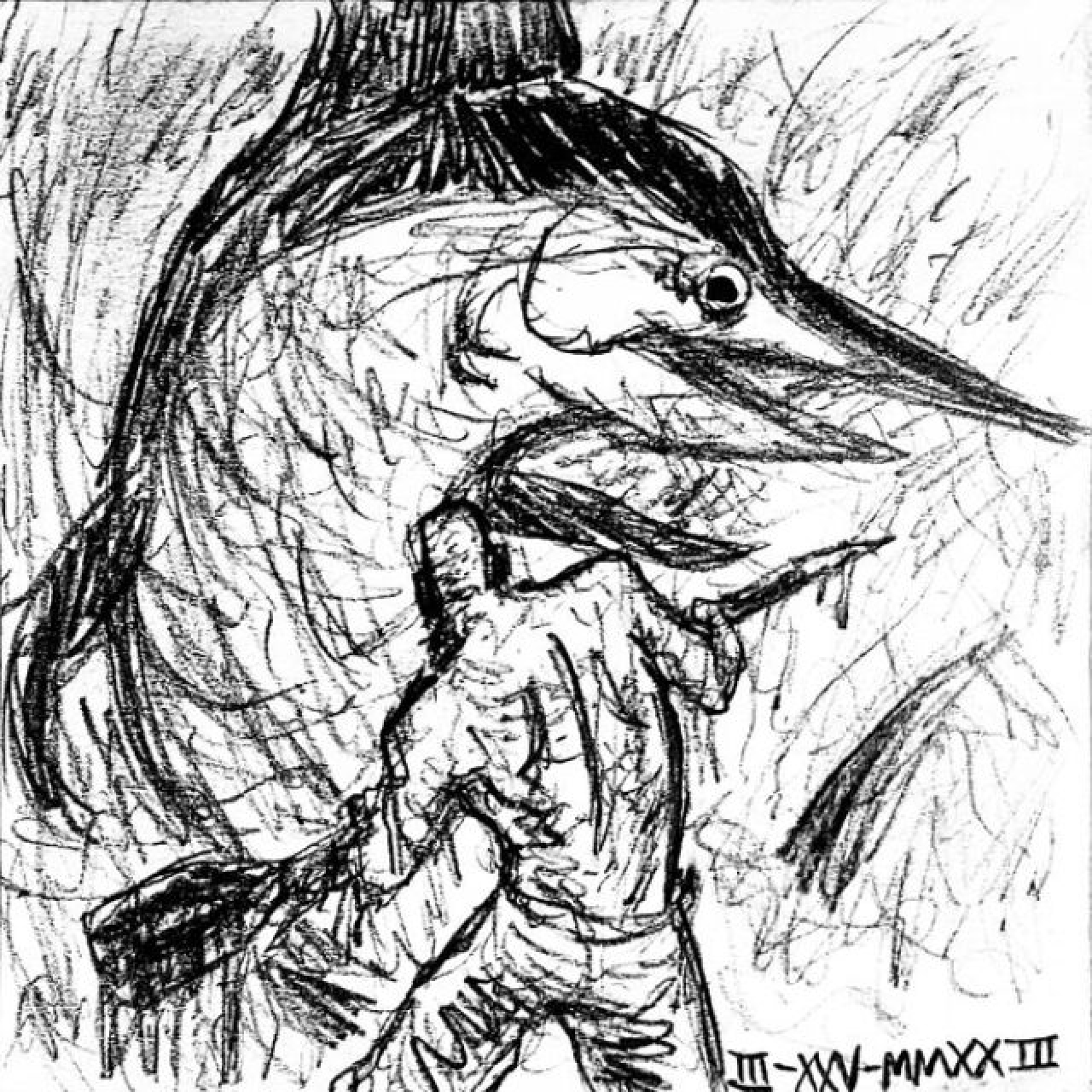 An hunched old man, dripping in water and gripping a row with a sharp end carved into a spear, watches a marlin fly out of the splashing water in front of him.