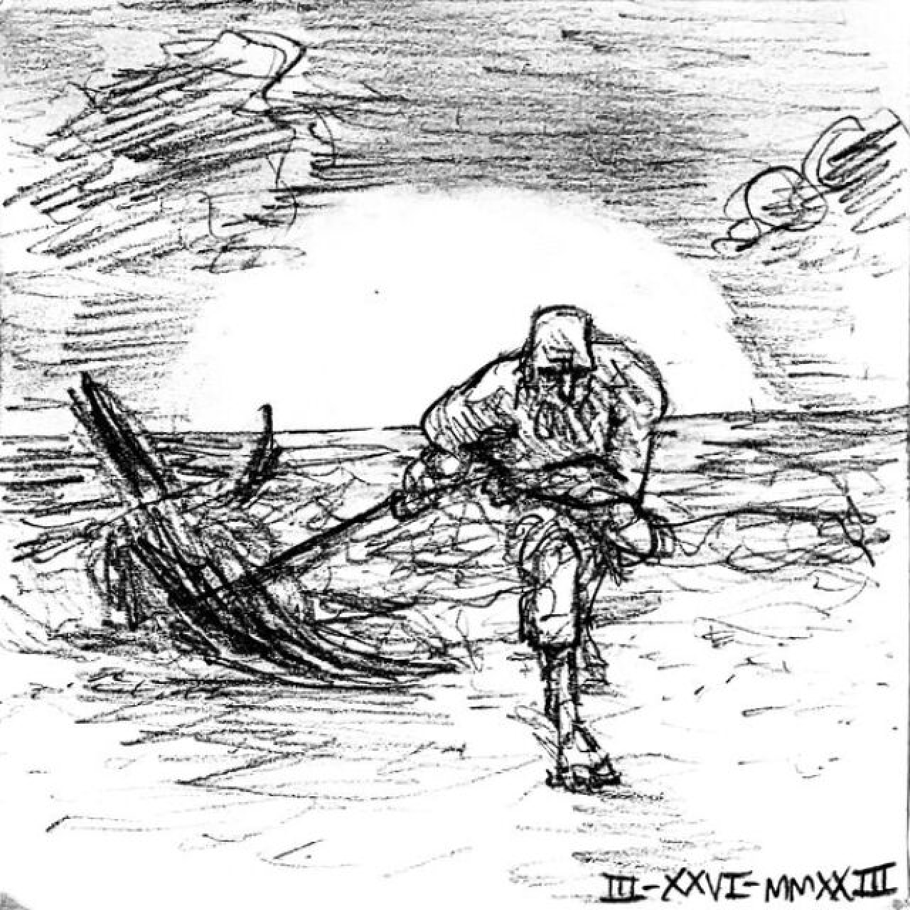 An old man pulls in a dead marlin with rope from the sunsetting sea.