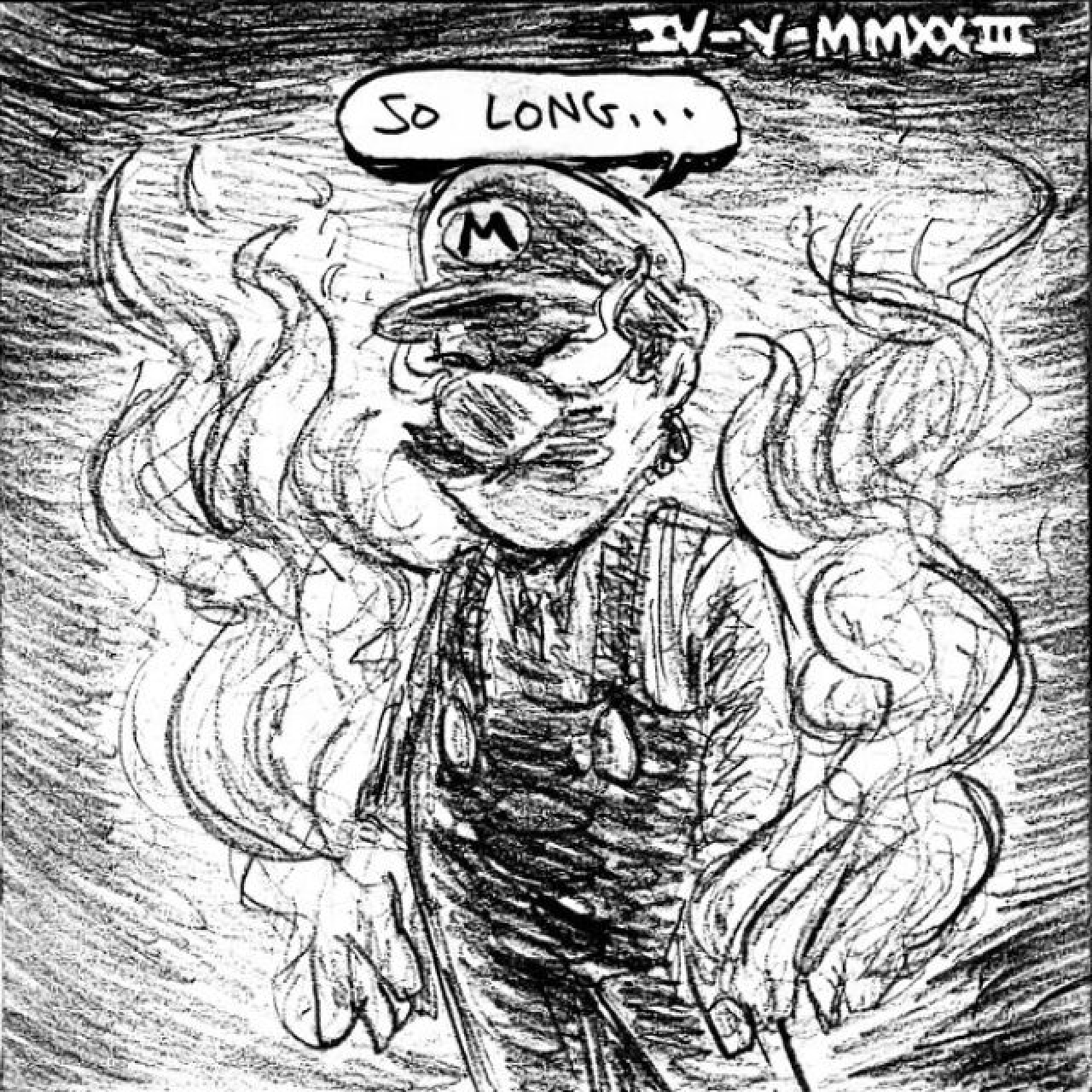 Mario stands menacingly; his eyes and gloves emit powerful flames that illuminate him as he says "So long..."
