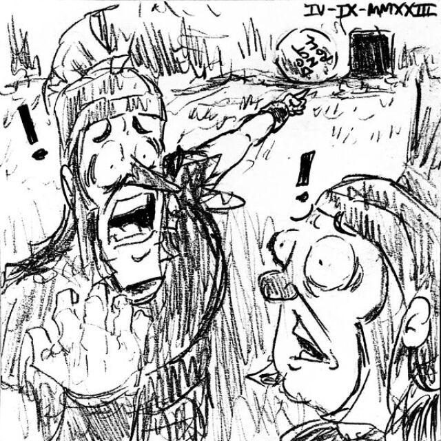 A Roman soldier, terrified, points to the entrance of a cave. A round boulder with the words "Do not roll" inscribed on it sits to the side of the entrance. Another Roman soldier, hearing the former, looks off in terror.