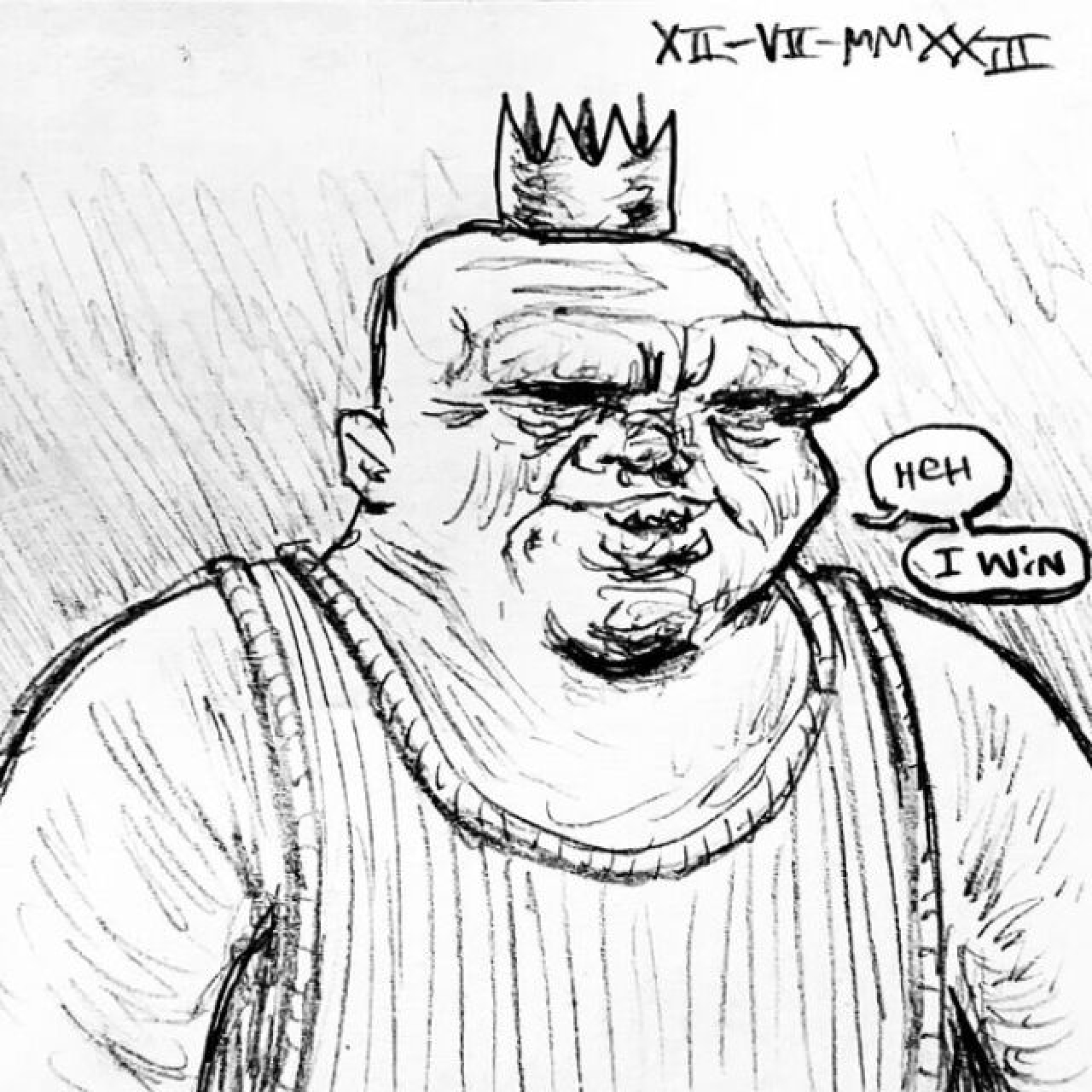 A large, bald man in a tanktop wears a small crown on his head. He shows a joyful smile and &ldquo;Heh&rdquo; and &ldquo;I win&rdquo;.